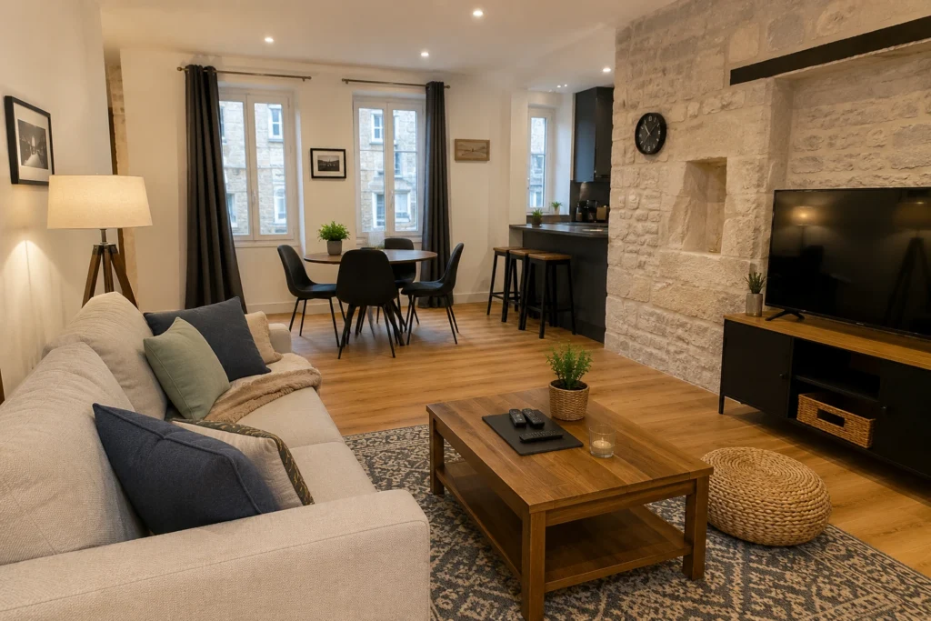 Salon lumineux d’une location courte durée suivie par Novara à Rouen
